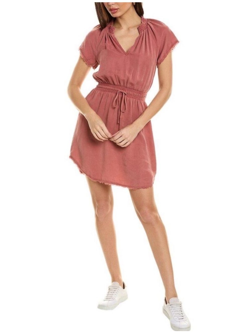 Bella Dahl Smocked Waist Mini Dress V Neck Tencel mauve pink Medium Tie Waist M